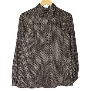 Halston III Vintage‎ 80s Monogram Logo Blouse Brown Black Long Sleeve Top Size 8